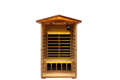 Two-person outdoor infrared sauna in solid wood, front view