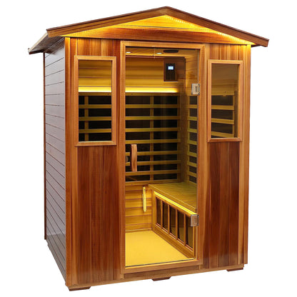Four-person outdoor infrared sauna interior with carbon crystal heating plates