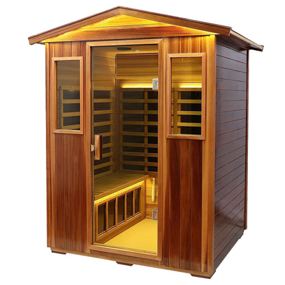 Four-person outdoor infrared sauna, angled view
