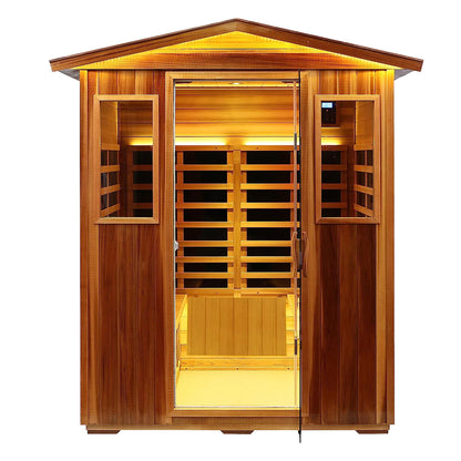 Four-person outdoor infrared sauna in hemlock, front view