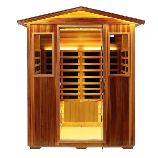 Four-person outdoor infrared sauna in hemlock, front view