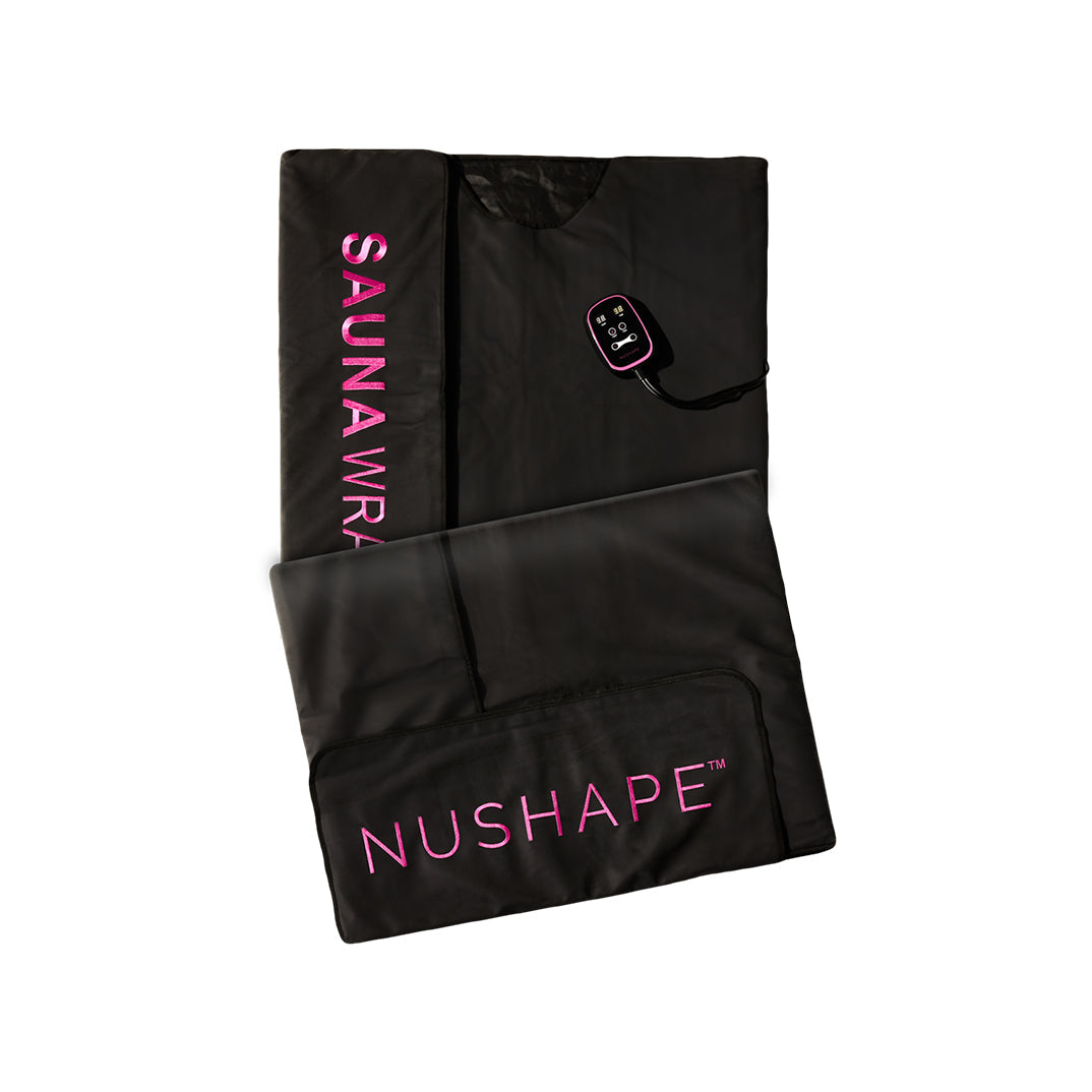 Black NuShape SaunaWrap infrared sauna blanket with handheld controller