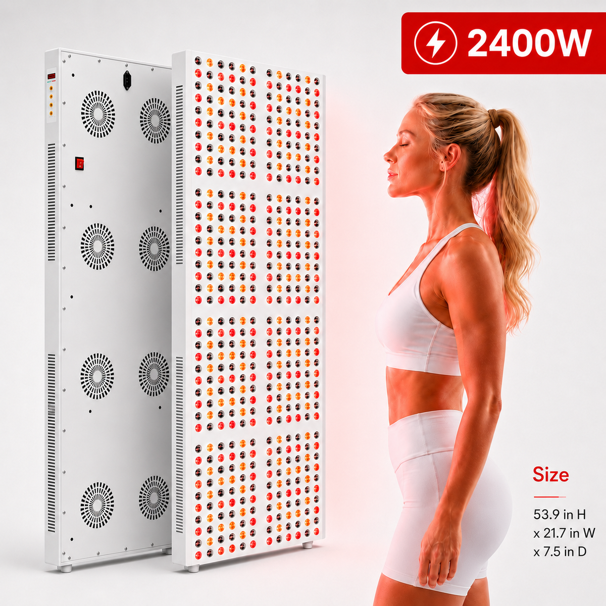 iReliev 2400W red light panel front and back with dimensions and a person for scale