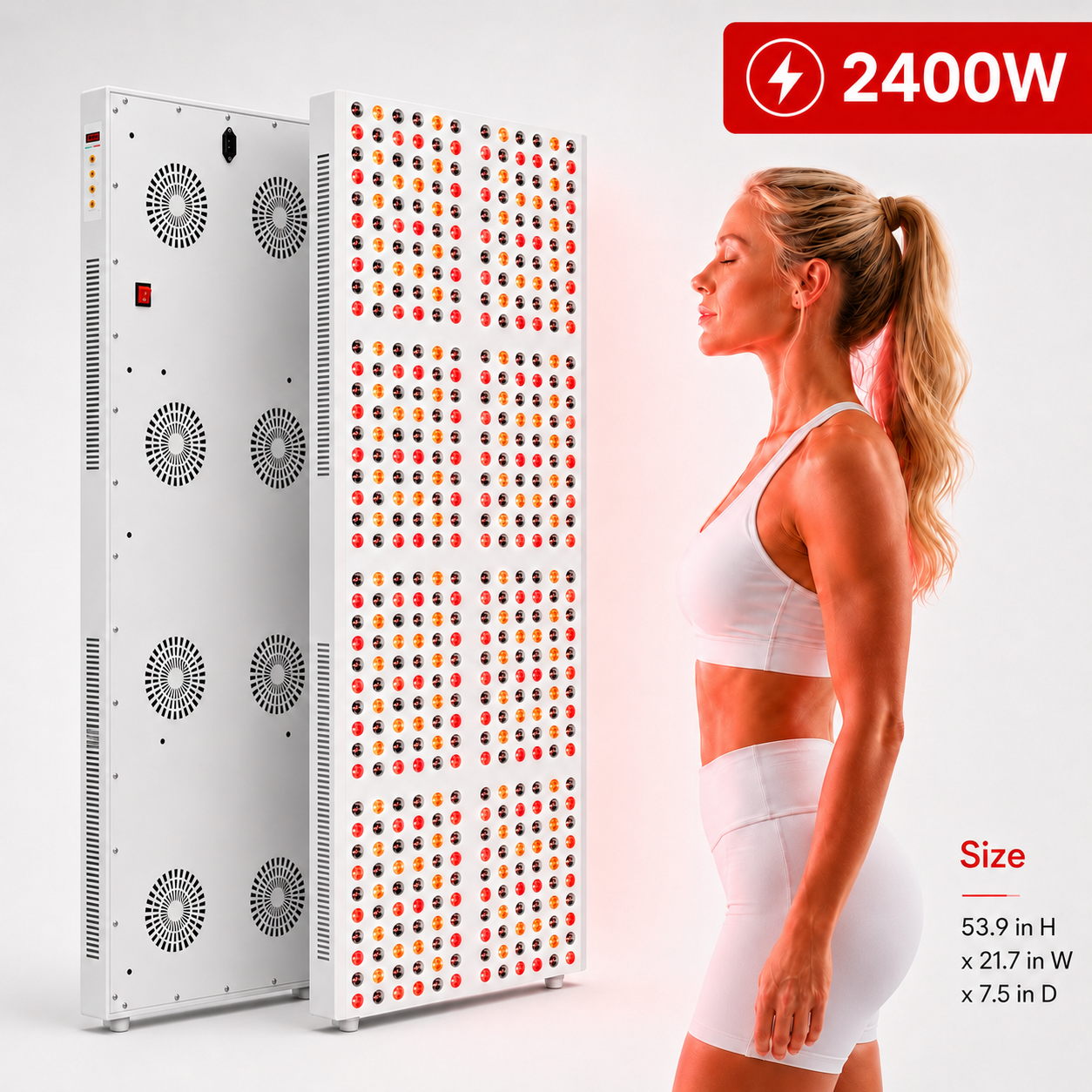 iReliev 2400W red light panel front and back with dimensions and a person for scale