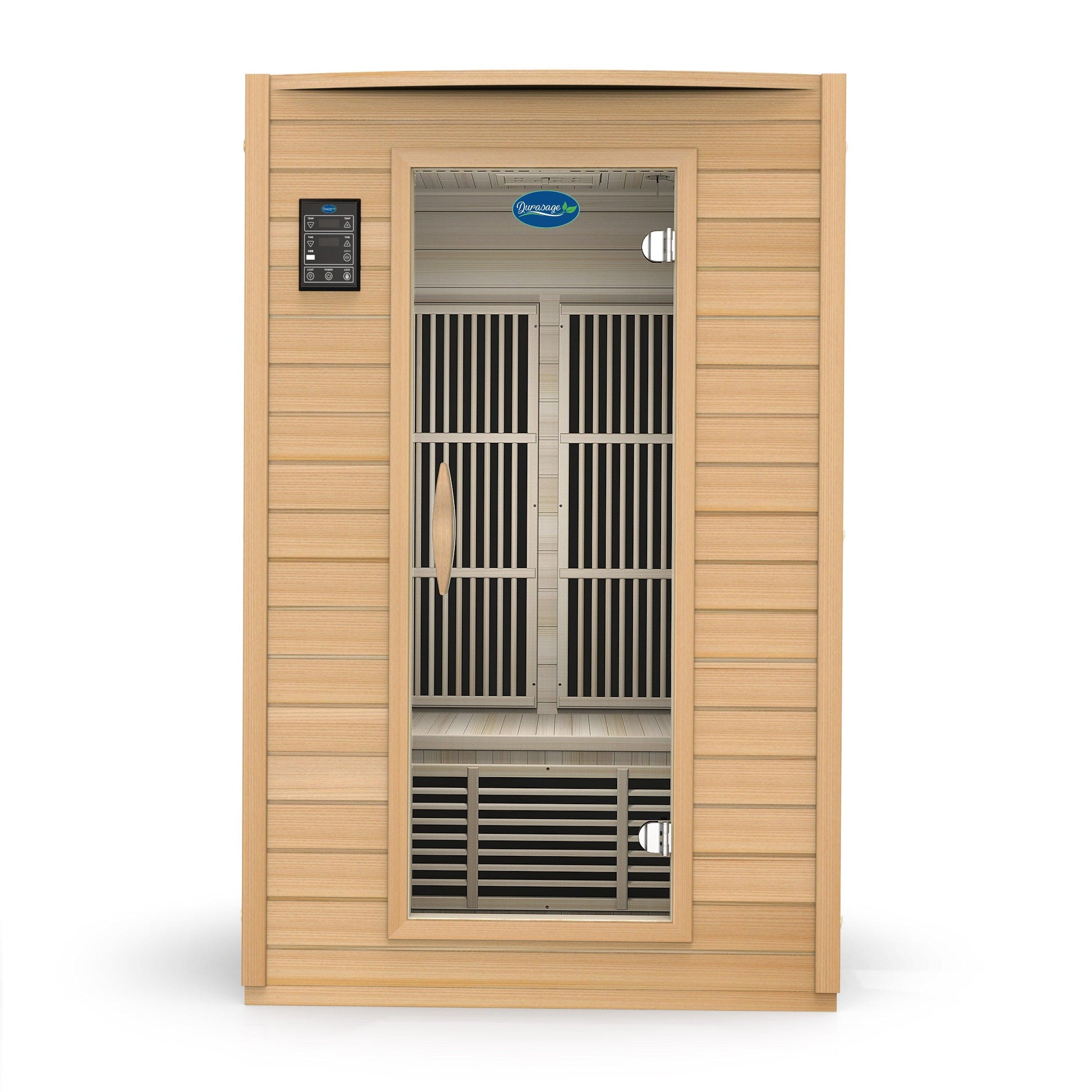 Interior of 2-person carbon infrared sauna with bench and chromotherapy lighting
