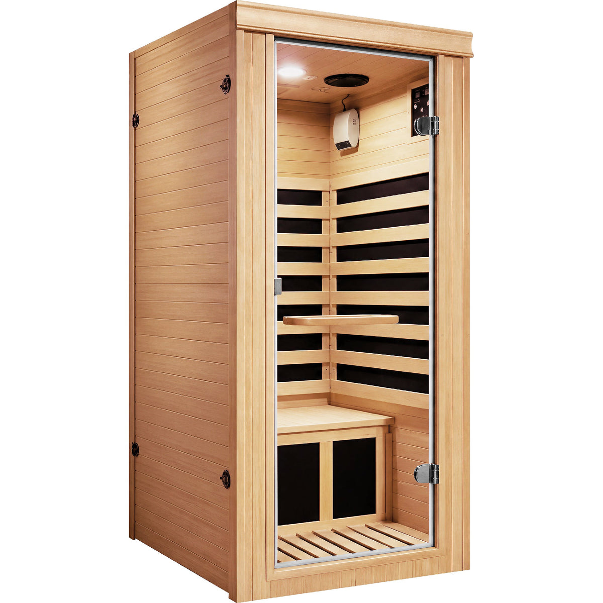 Canadian hemlock mini infrared sauna, angled view