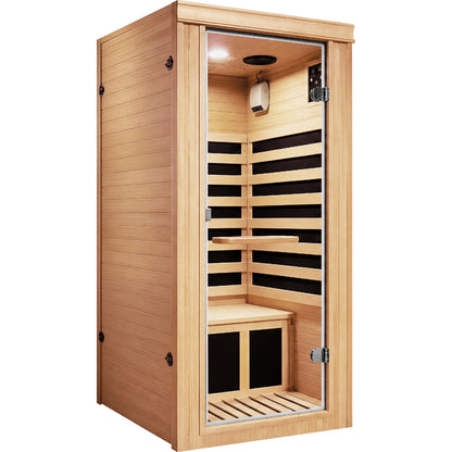 Canadian hemlock mini infrared sauna, angled view