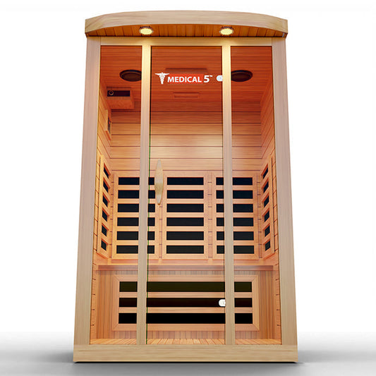 3-person Canadian hemlock infrared sauna with 9 heaters, on white background