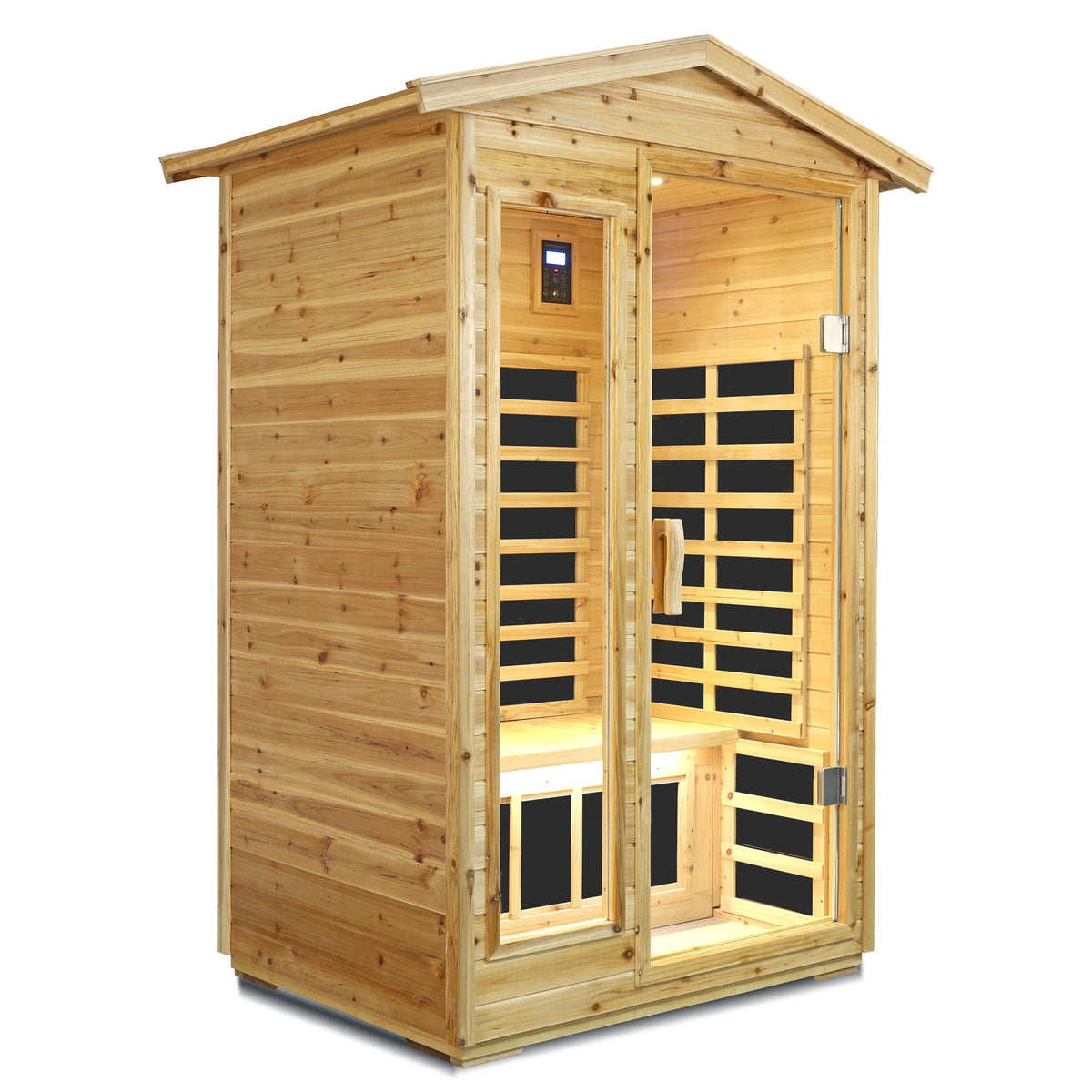 Two-person old fir infrared sauna, angled view