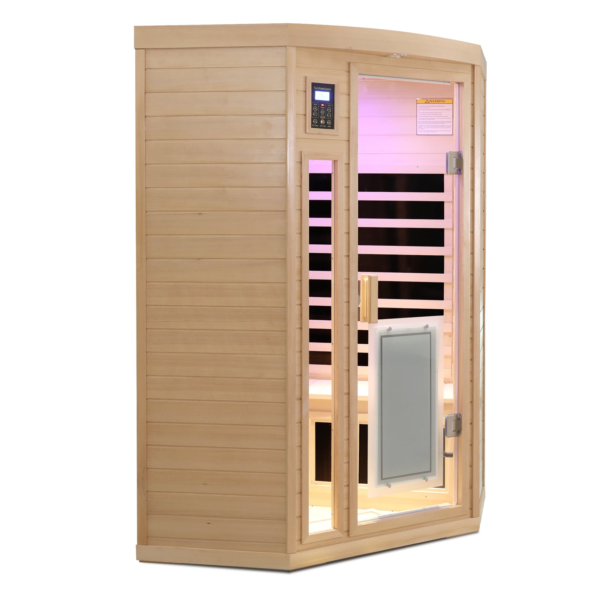 Low EMF hemlock two person corner sauna room three quarter view with glass door