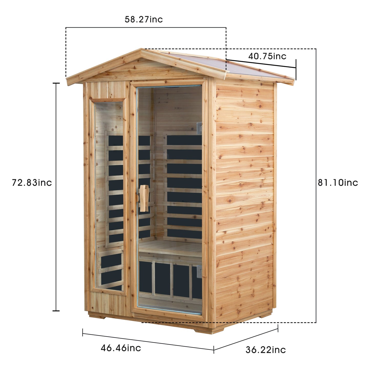 Two person old fir sauna dimensions diagram: 46.46 wide, 36.22 deep, 81.10 inches tall