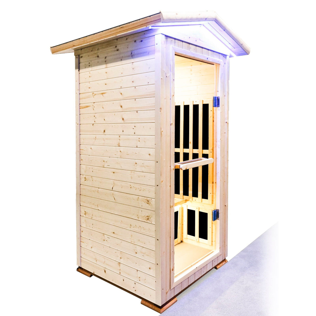 Single person spruce infrared sauna, side view