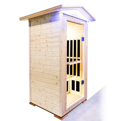 Single person spruce infrared sauna, side view