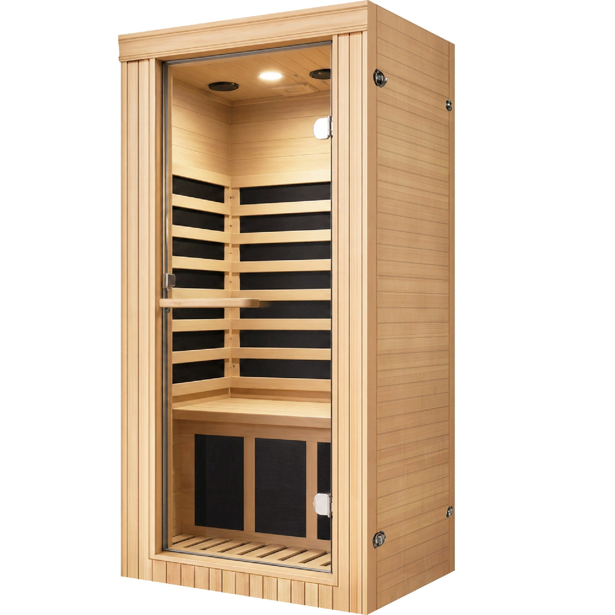 Canadian hemlock mini 1-person infrared sauna, front view, on white background