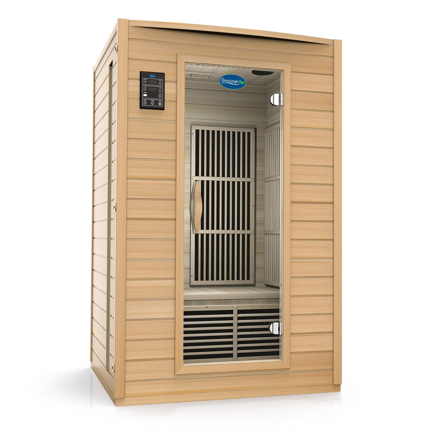 2-person Canadian Hemlock infrared sauna three quarter view showing the carbon heater panels through the glass door