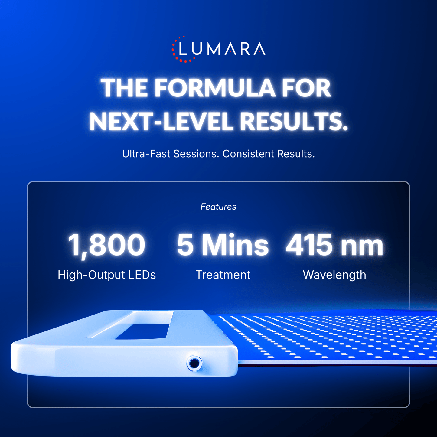 Lumara Illuminate Blue specification graphic listing 1,800 LEDs, 5 minute sessions and 415nm
