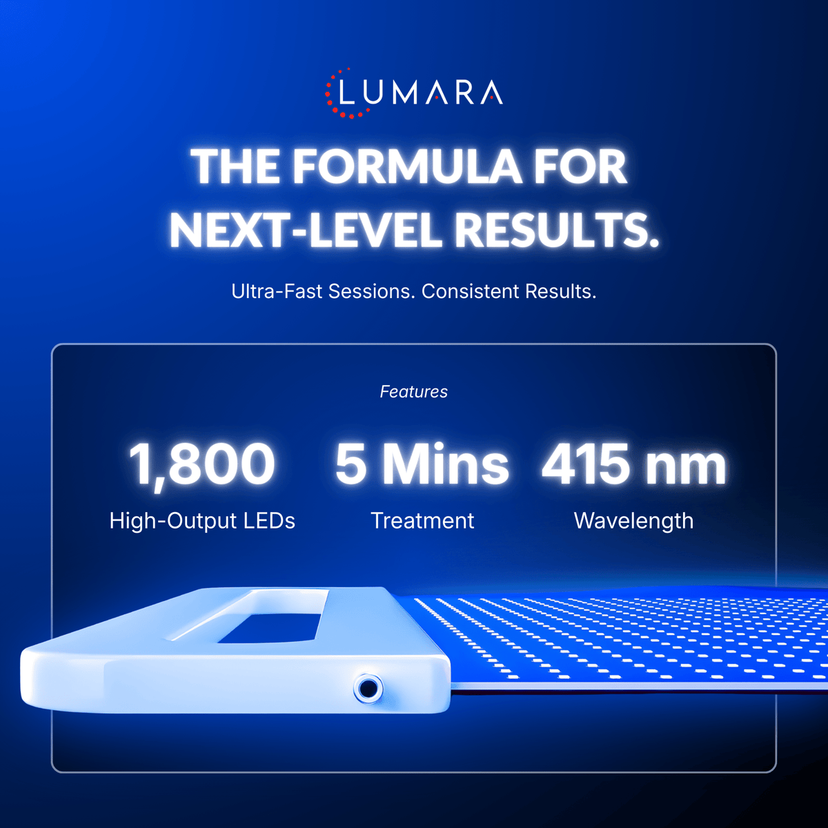 Lumara Illuminate Blue specification graphic listing 1,800 LEDs, 5 minute sessions and 415nm