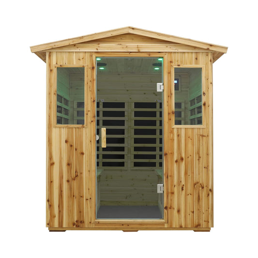 Deluxe 4-person outdoor infrared hemlock sauna, front view