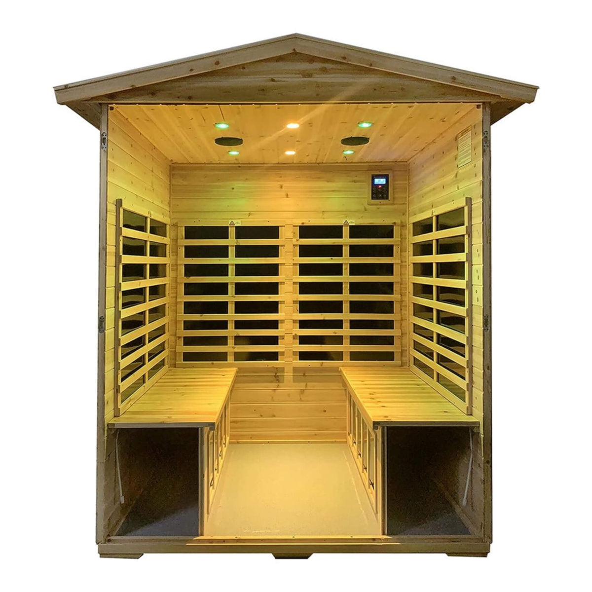 Deluxe 4-person outdoor infrared sauna interior with heating panels