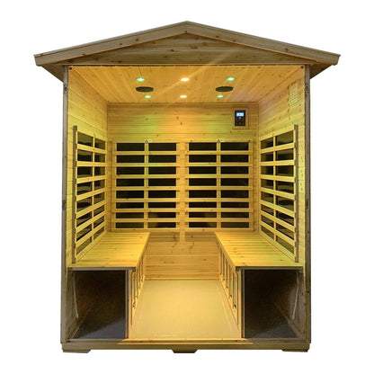Deluxe 4-person outdoor infrared sauna interior with heating panels