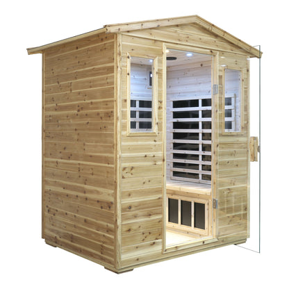 Four-person outdoor infrared sauna, angled view