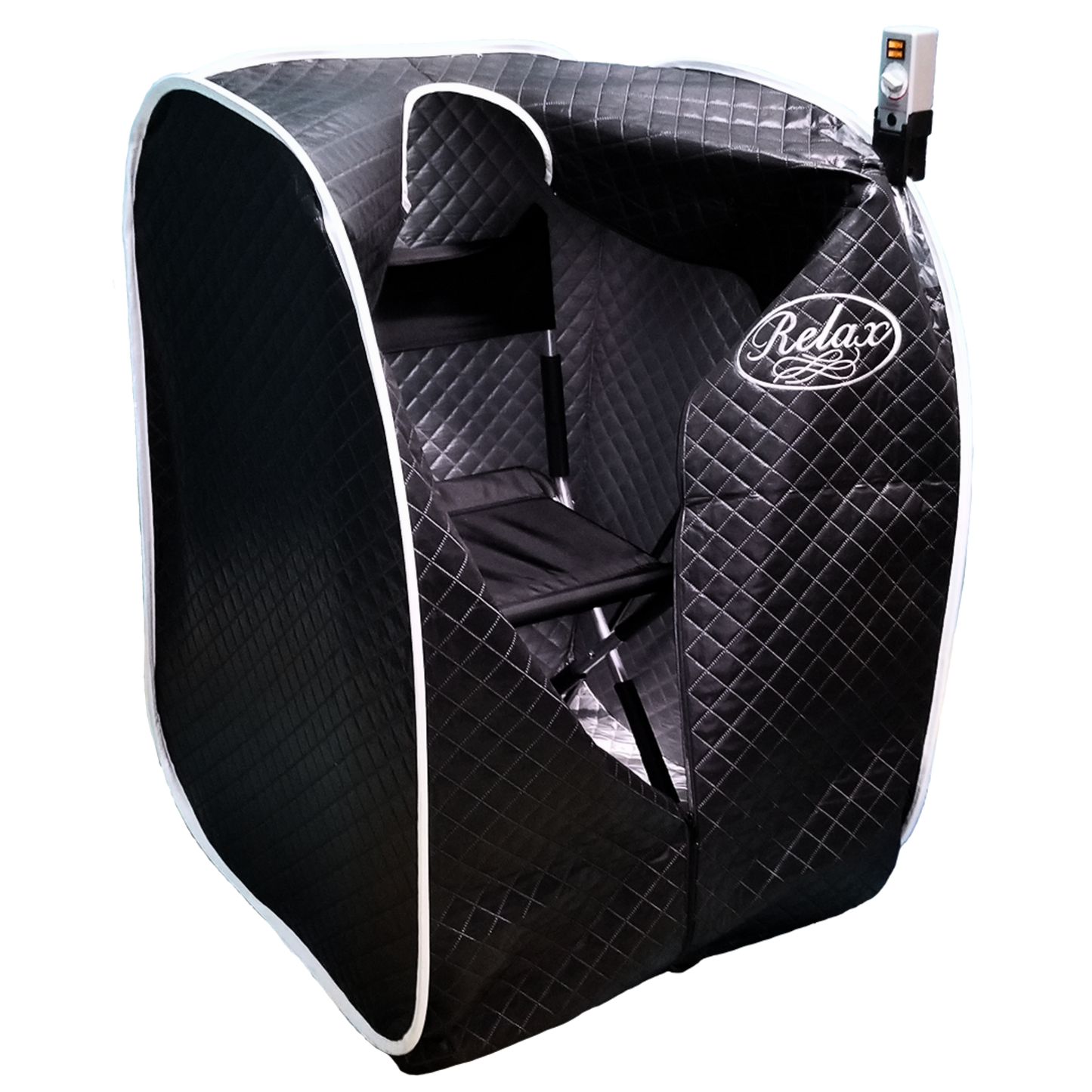 Relax Black Pro sauna open showing the silver lined interior, folding chair and controller