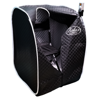 Relax Black Pro sauna open showing the silver lined interior, folding chair and controller