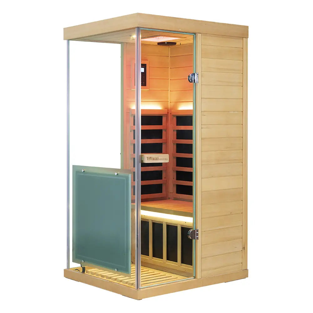 909MX infrared sauna, angled view