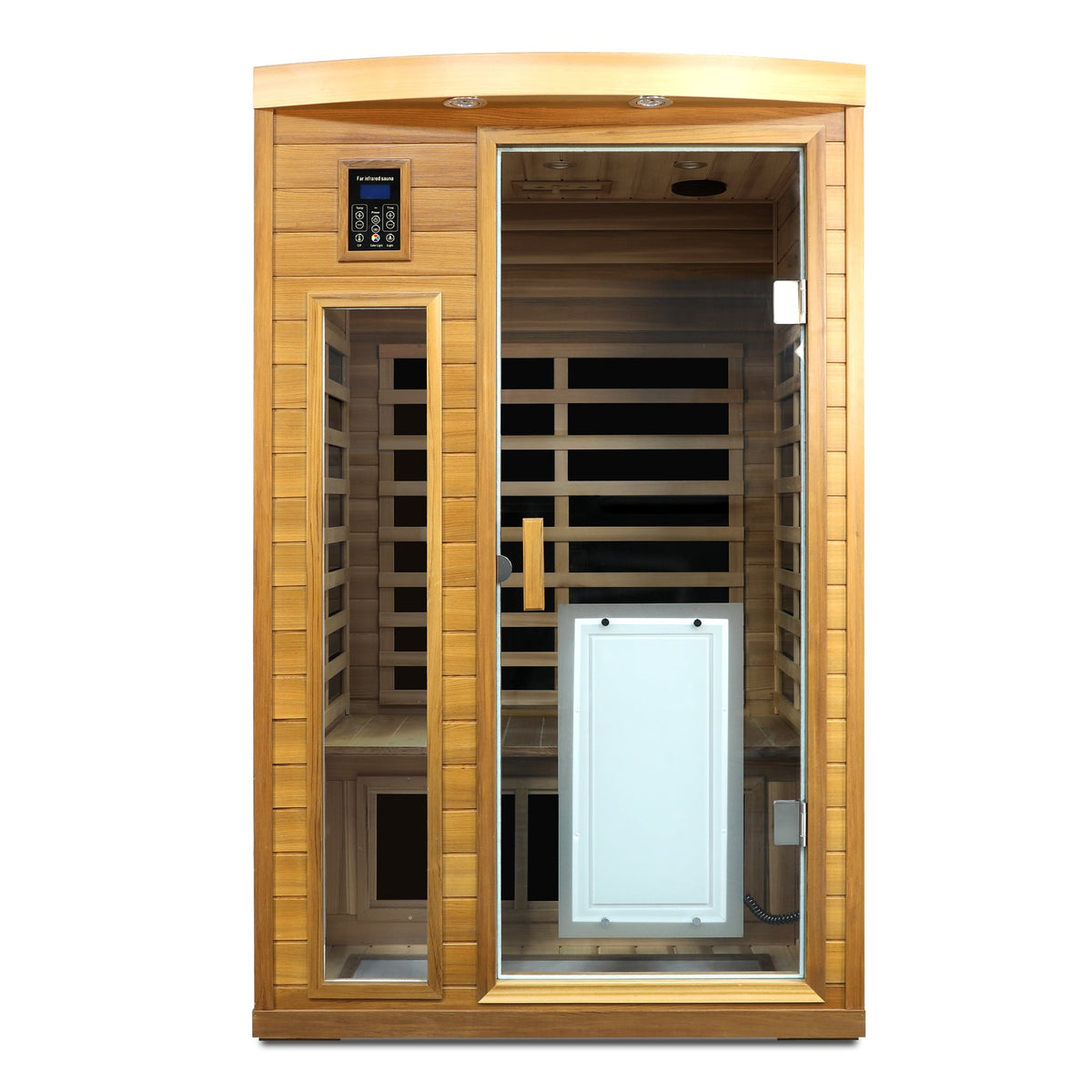 Red cedar 2-person low EMF far infrared sauna, front view, on white background