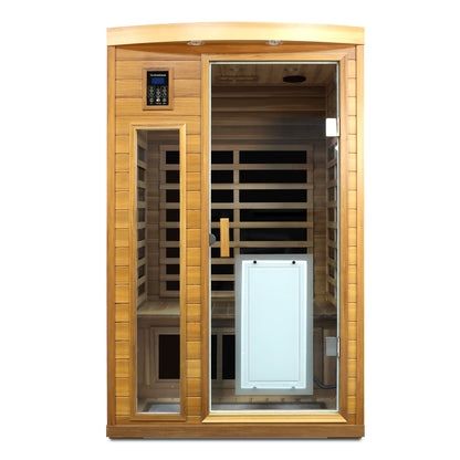 Red cedar 2-person low EMF far infrared sauna, front view, on white background