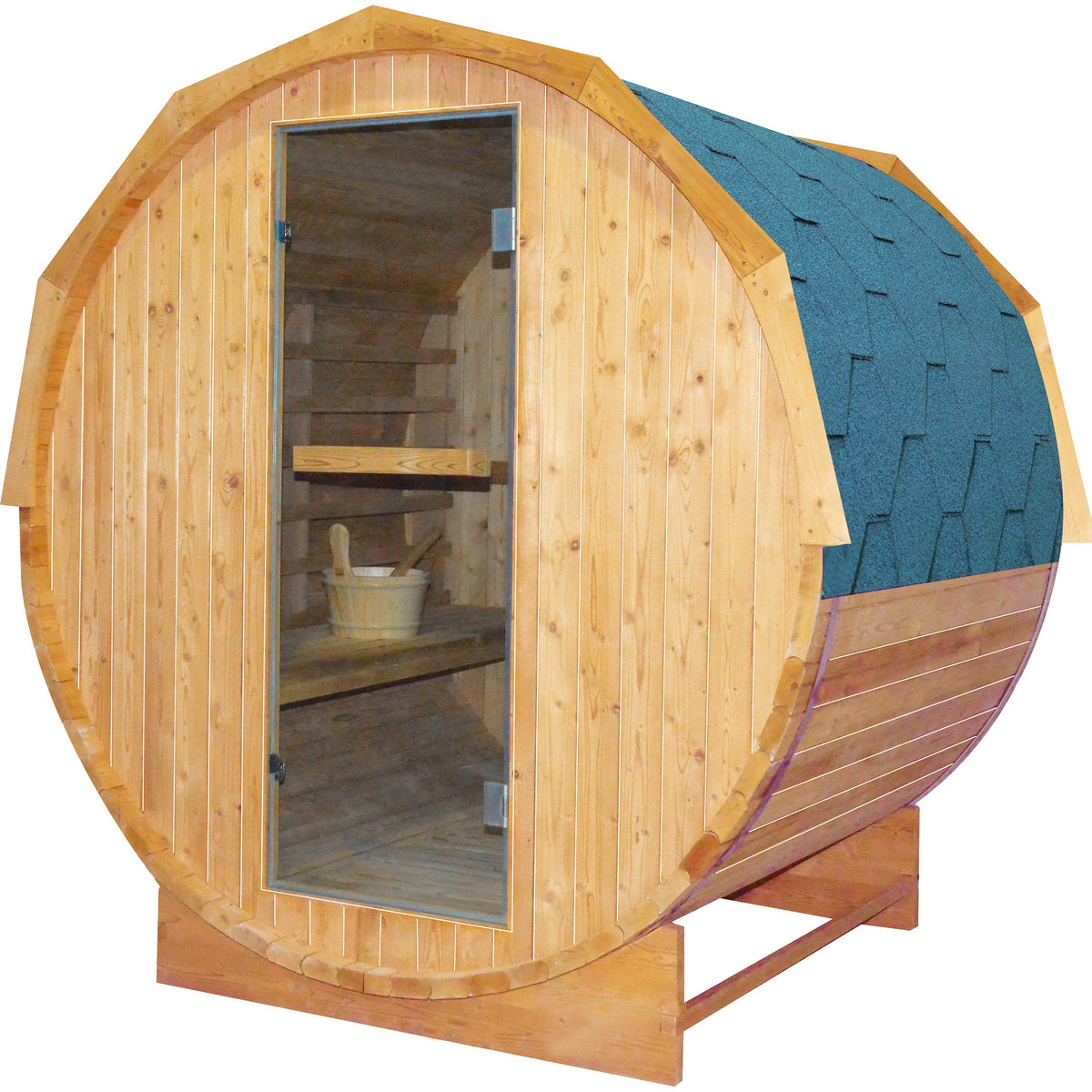 Cylindrical barrel sauna interior with bench