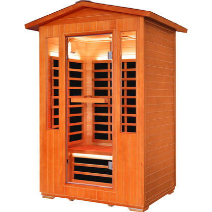 HOSAUNA 2-person outdoor infrared sauna in fir and red cedar, angled front view, on white background