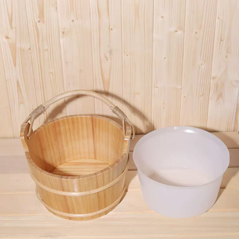 Pine wood sauna bucket with matching wooden ladle