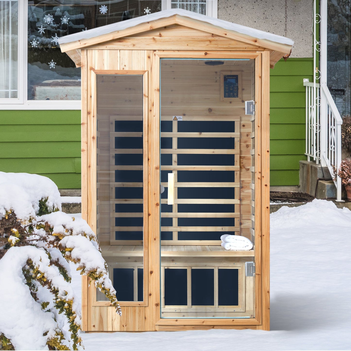 Two person old fir outdoor sauna room installed in snow beside a house