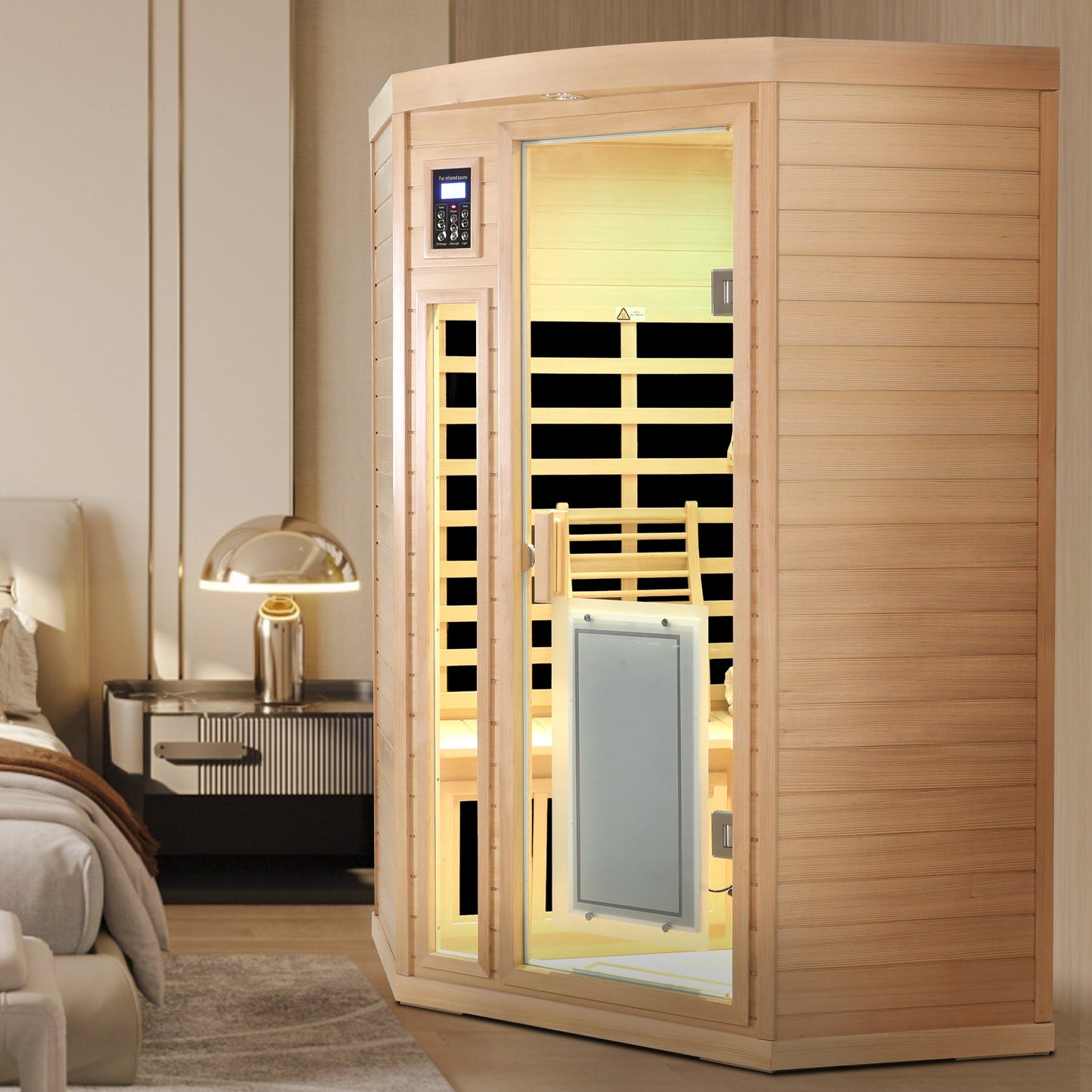 Low EMF hemlock corner sauna room installed in a bedroom