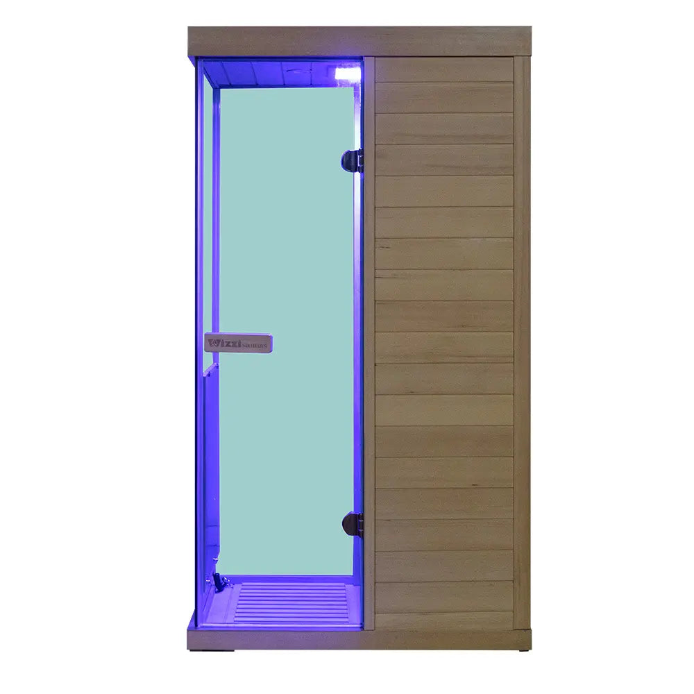 909MX 1-person ultra-low EMF infrared sauna with 270 degree glass and light therapy, side view