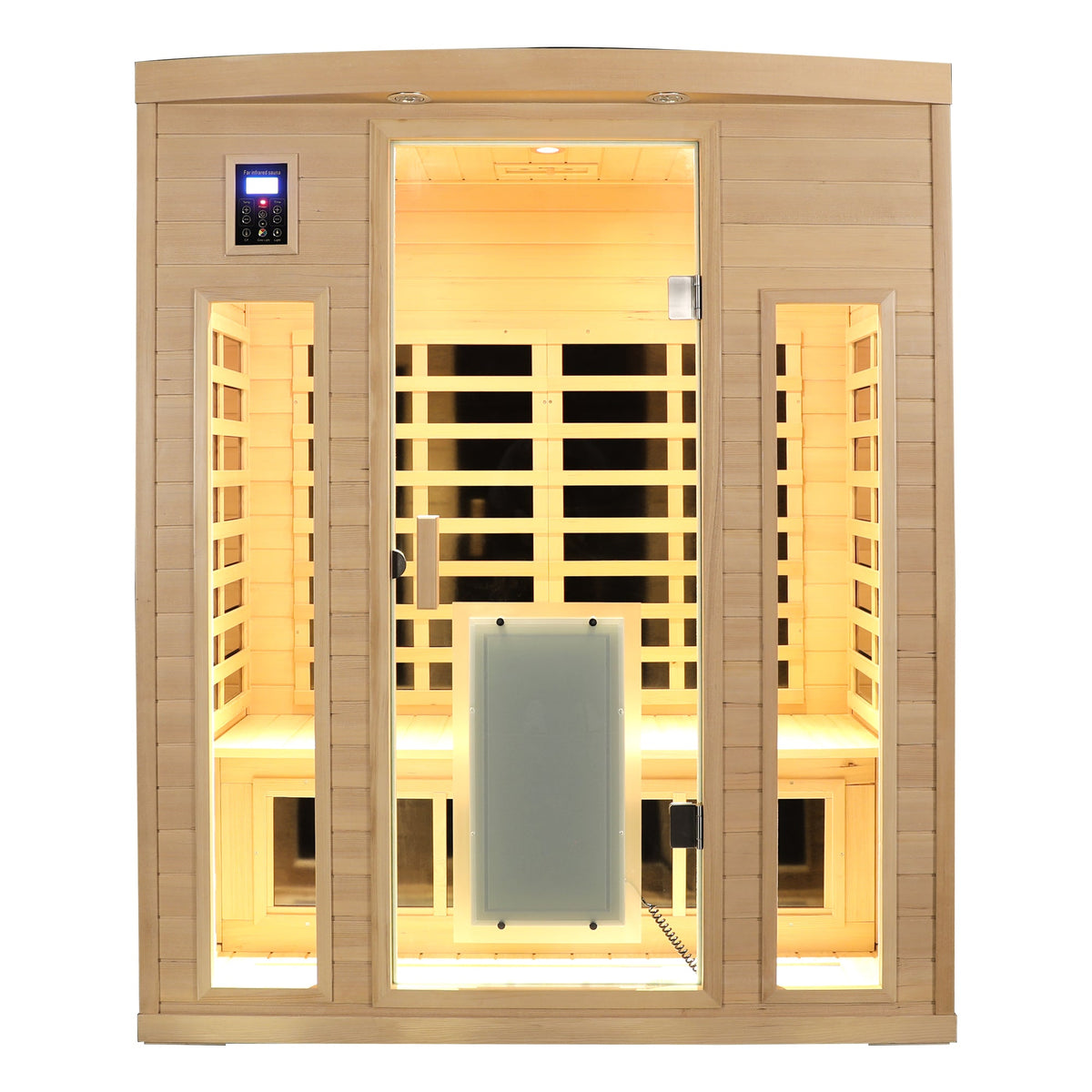 Three person hemlock sauna room lit with warm interior lighting