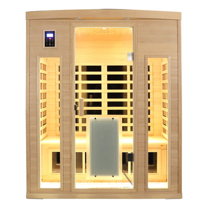 Three person hemlock sauna room lit with warm interior lighting