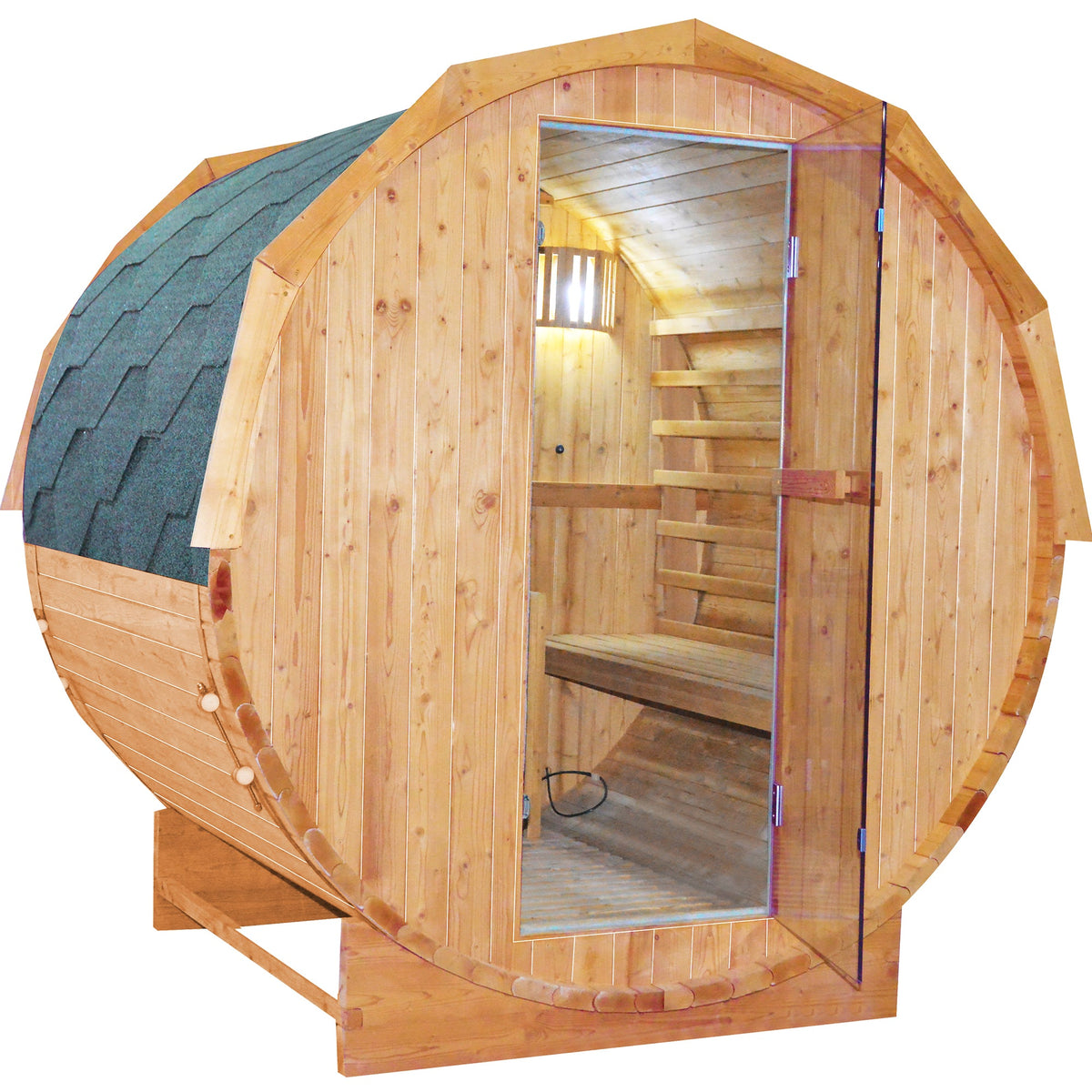 Cylindrical barrel sauna, exterior front view