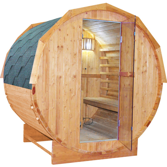 Cylindrical barrel sauna, exterior front view