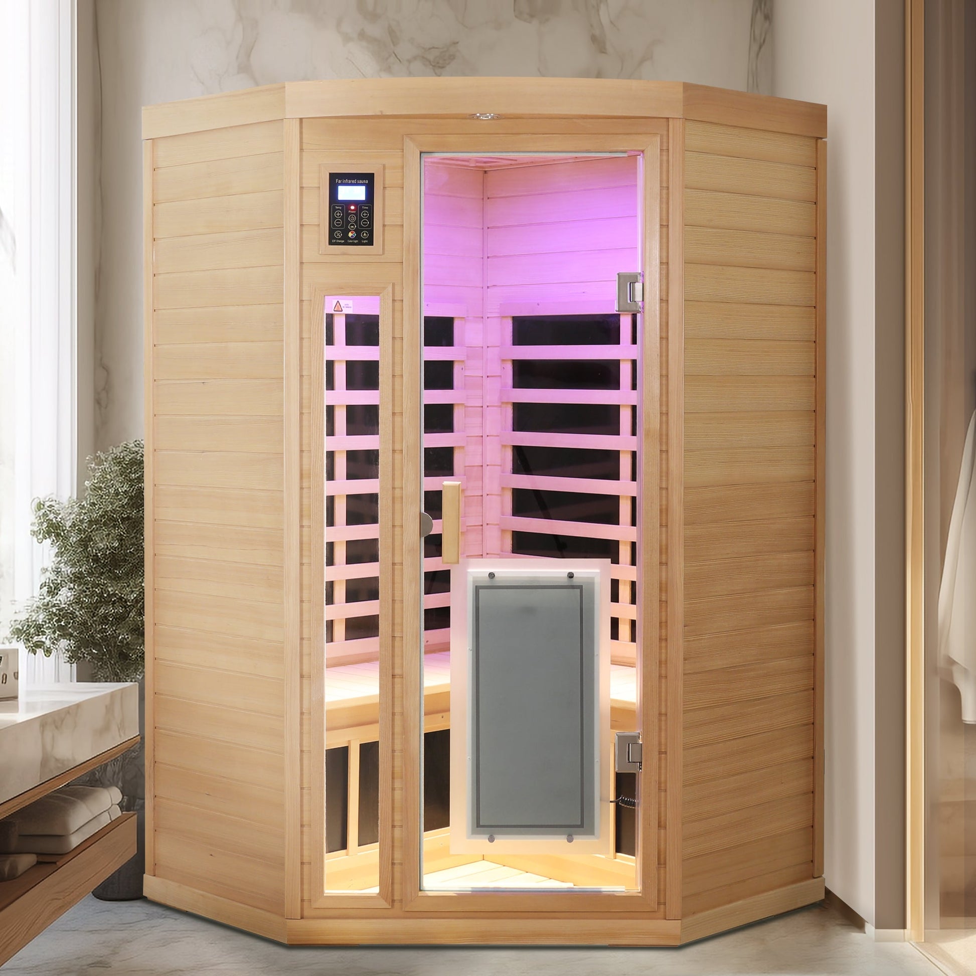 Low EMF hemlock two person corner sauna room installed in a bathroom