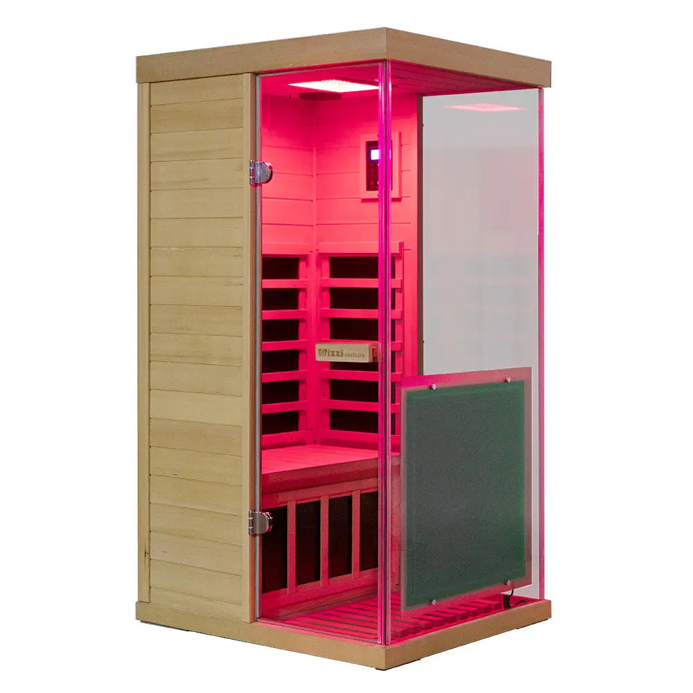 909MX 1-person ultra-low EMF infrared sauna with 270 degree glass and light therapy, interior view