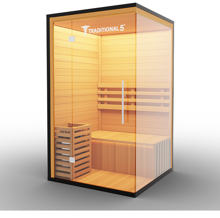 1-person traditional steam sauna interior with heater and rocks