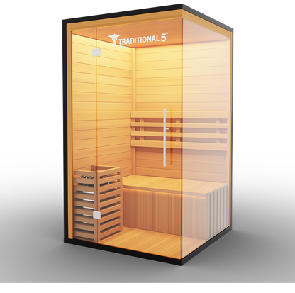 1-person traditional steam sauna interior with heater and rocks