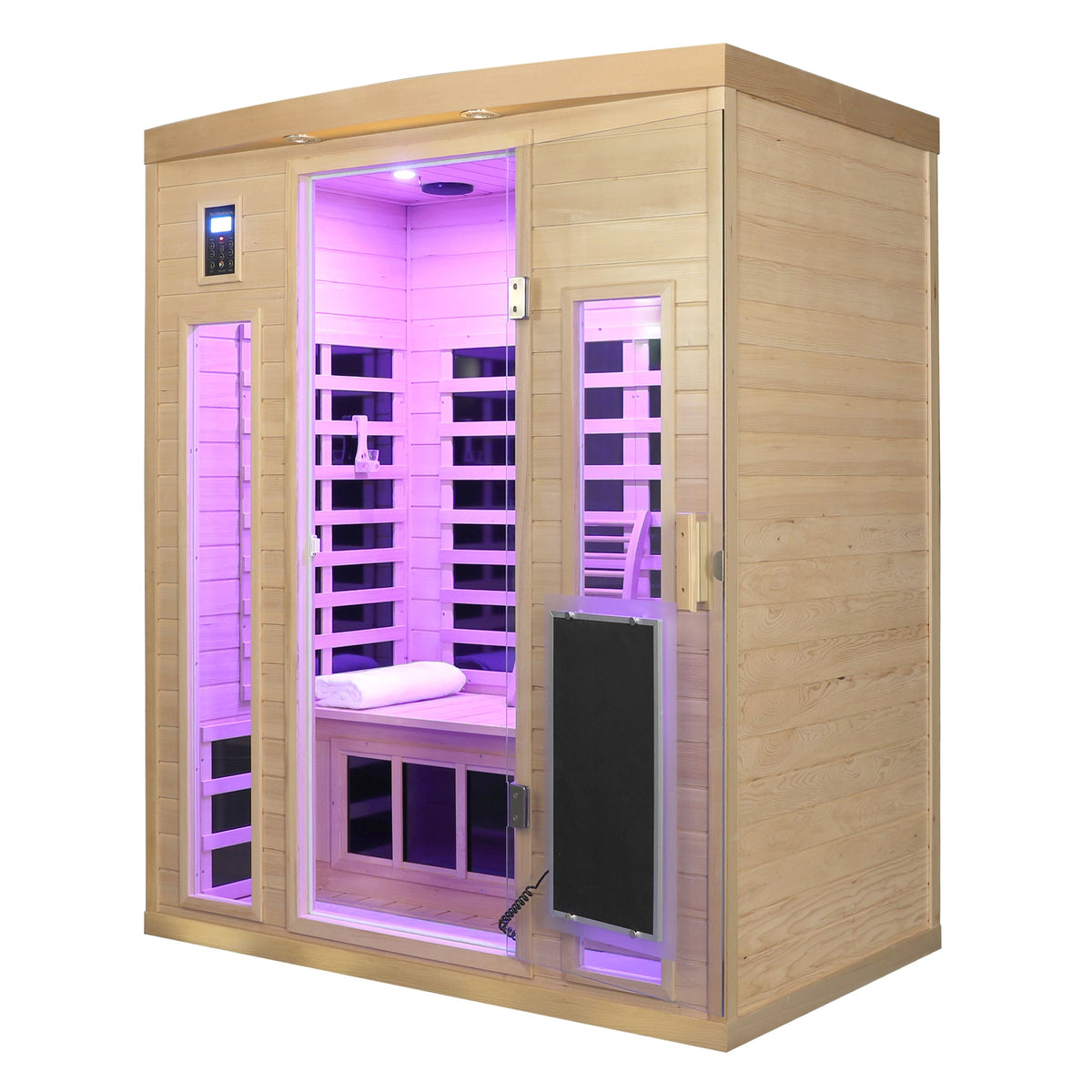 Three person hemlock sauna room angled view with purple chromotherapy lighting and folded towel