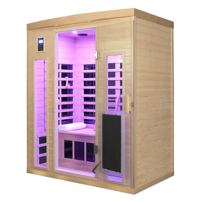 Three person hemlock sauna room angled view with purple chromotherapy lighting and folded towel