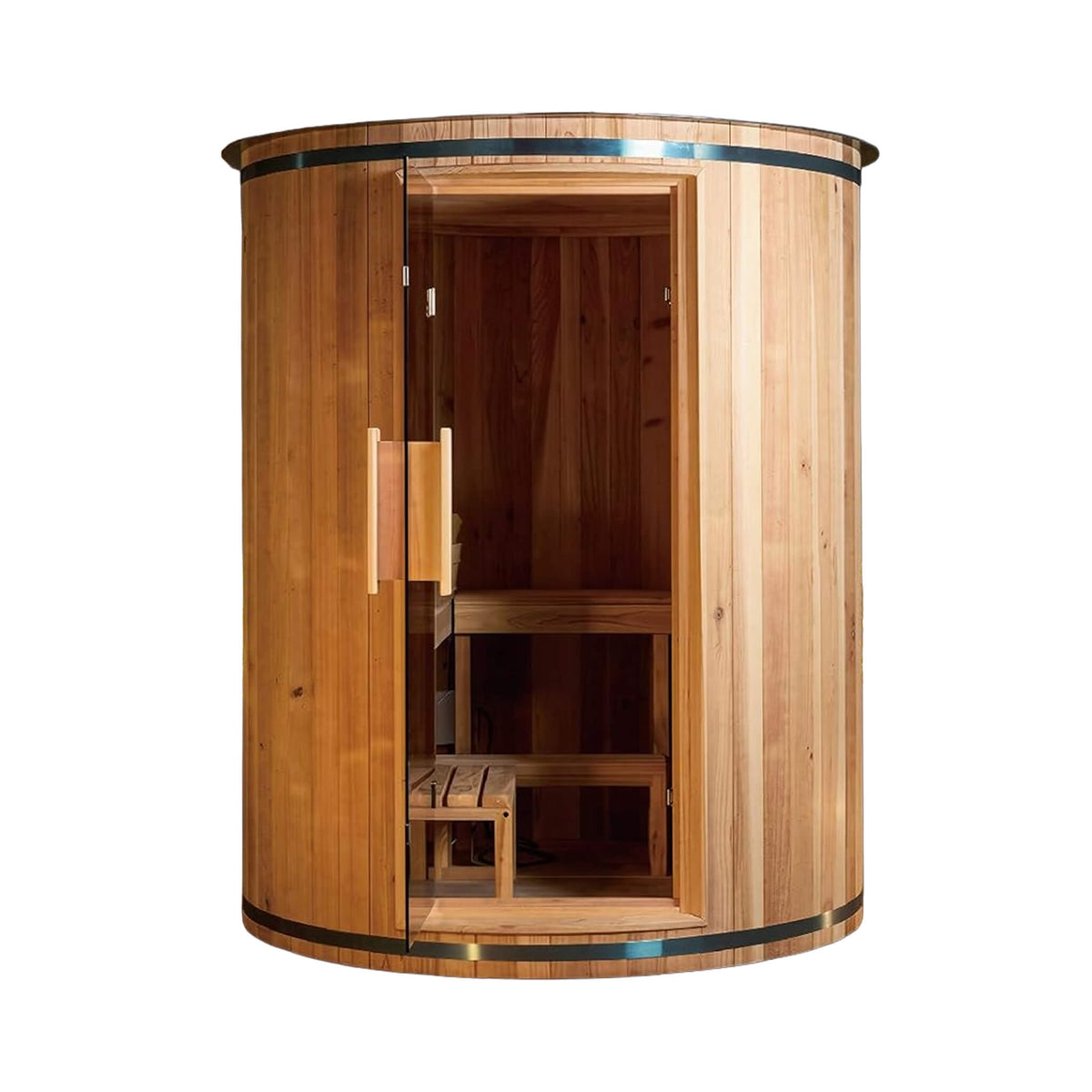 Front view of the Barcelona cedar vertical barrel sauna with tempered glass door