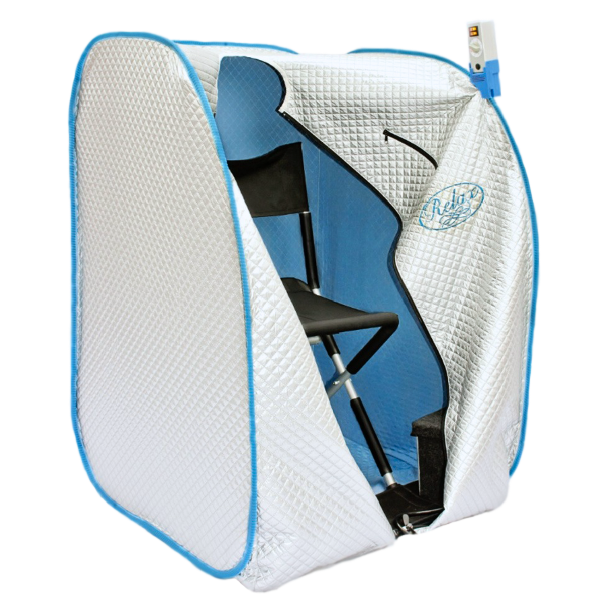 Relax Silver Elite portable far infrared sauna, open view showing the blue interior and included folding chair