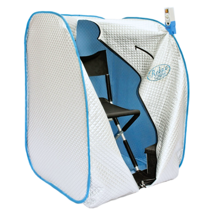 Relax Silver Elite portable far infrared sauna, open view showing the blue interior and included folding chair