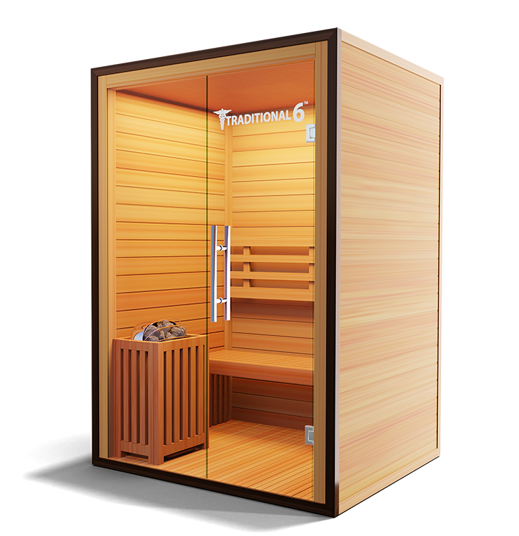 2-person traditional steam sauna interior with heater and rocks